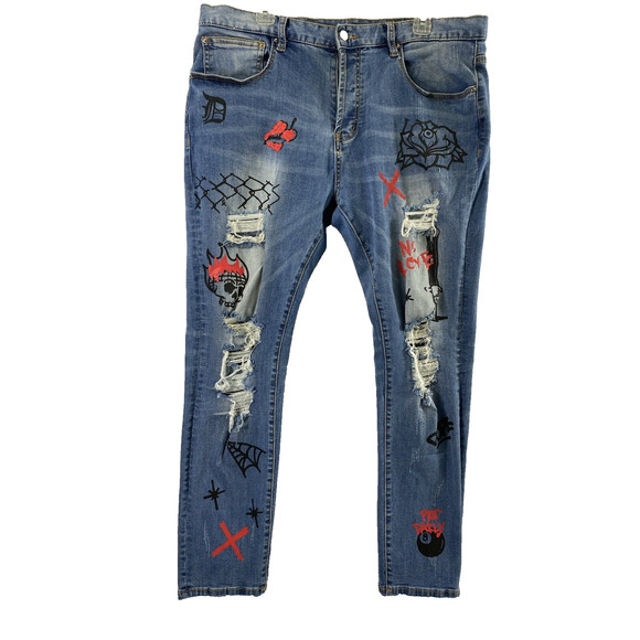 Dope Jeans‎ Mens 38 Destroyed Skull Goth Spider Web Button Fly Denim Stretch - Picture 1 of 16